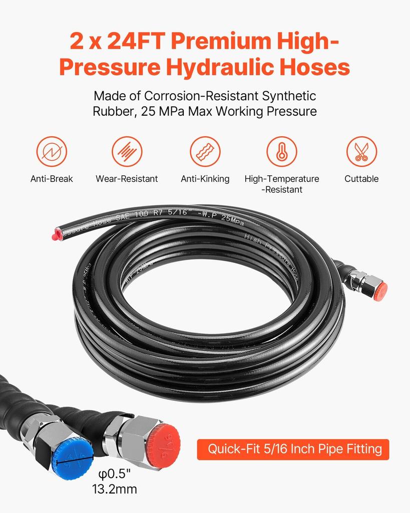 Hydraulic Steering Kit, 90 HP, Marine Boat Hydraulic Steering System, with 6.9 MPa/1000 psi Helm Pump, Two-Way Lock Cylinder, and 7.32m High-Strength
