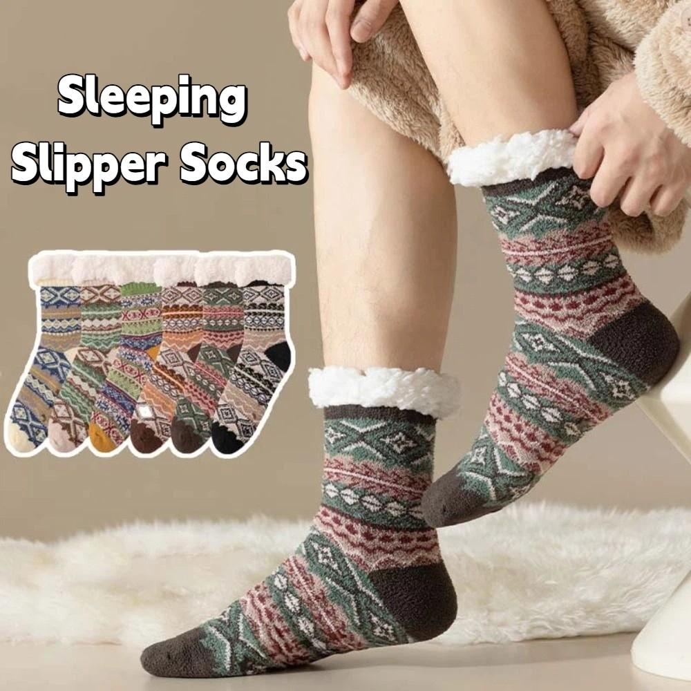 Mid Tube Floor Socks Plush Fleece Sock Winter Retro Sleeping Socks Men Women
