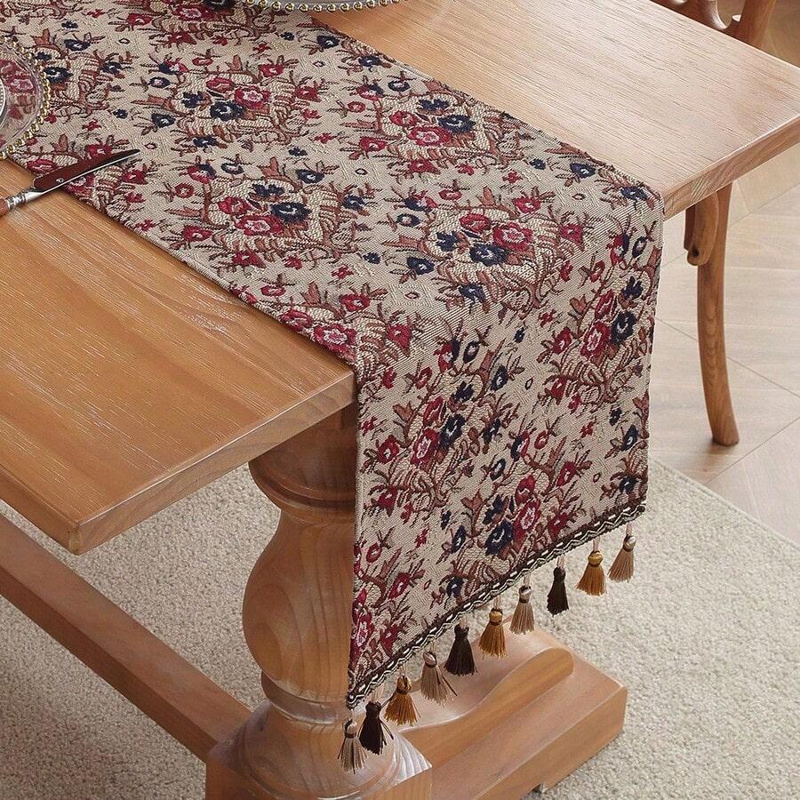 American Vintage Table Runner With Tassels, Jacquard Embroidered Birds And Flowers, Table Scarf, Retro Farmhouse Dining Room Decor