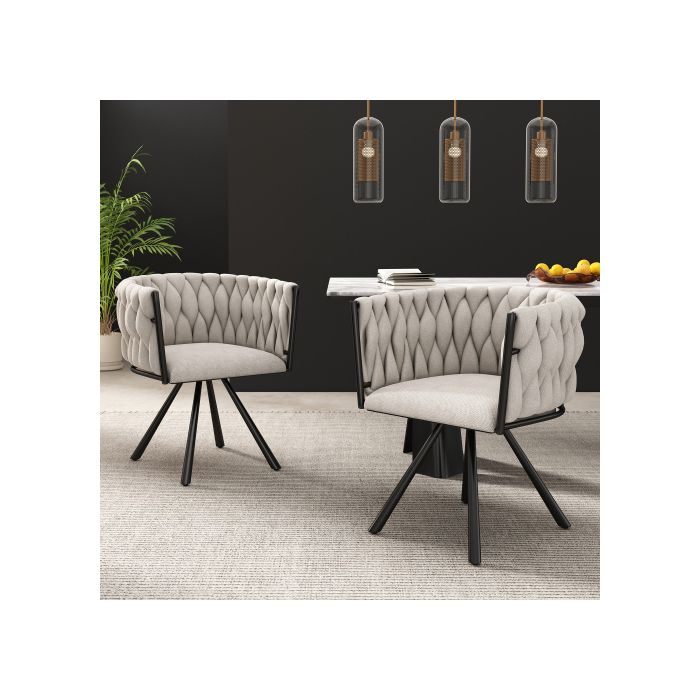 Chaise de salle à manger en lin, ensemble de 2,chaise pivotante simple de luxe avec quatre pieds en métal,tissu de lin beige et noir