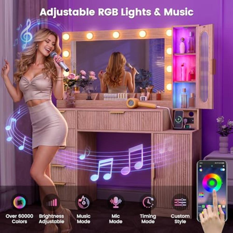 Туалетный столик с рифлеными элементами, большим зеркалом 31,4 дюйма и RGB-подсветкой, синхронизируемой со звуком, деревянный туалетный столик с 6 ящиками, 2 шкафчиками и 3 отделениями