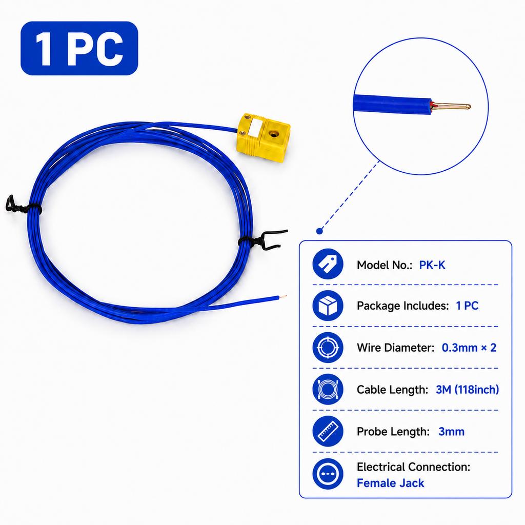 Термопара типа K с PTFE-изолированным проводом и мини-штекером, 1 м, 3 м, 5 м, Датчик температуры, Открытый сварной спай 2