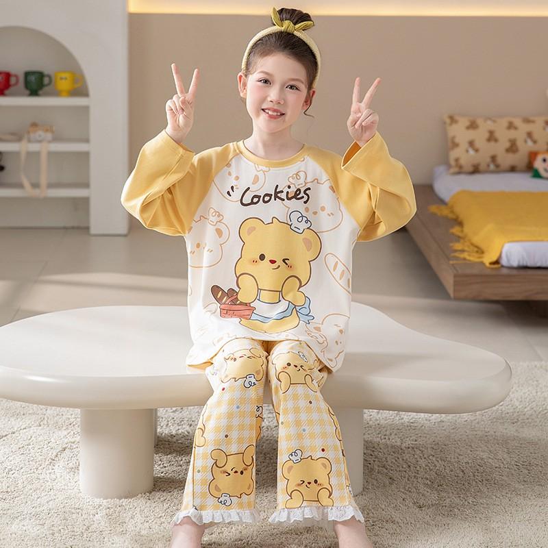 100% Cotton Long Sleeve Pajama Set Girls Cartoon Print Round Neck Comfortable Sleepwear Home Outfit