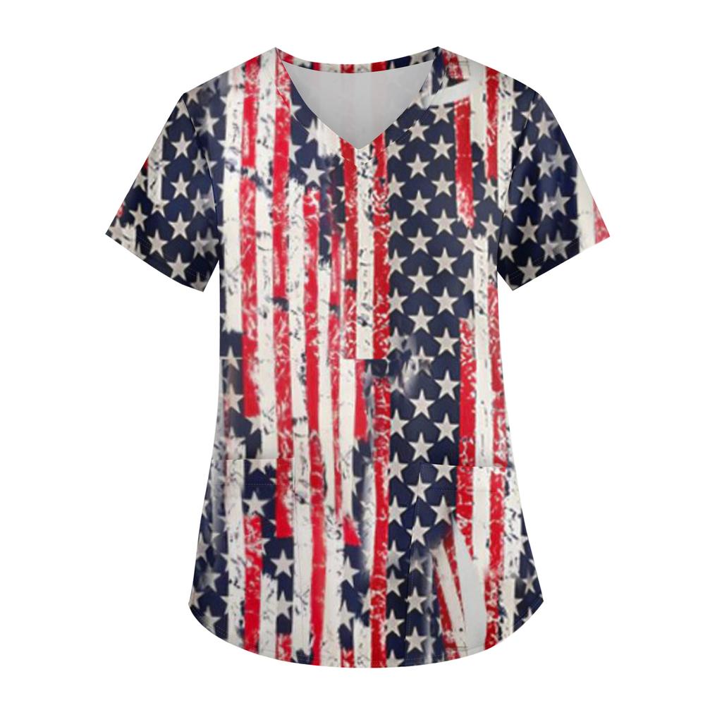 Женская модная футболка с принтом ко Дню Независимости, V-образным вырезом, карманом, короткими рукавами, униформа и топ для ухода