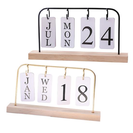 Metal Flip Calendar with Wooden Base Daily Perpetual Desk Calendar Turn Page Month Date Display Standing Desktop Planner for Office Home