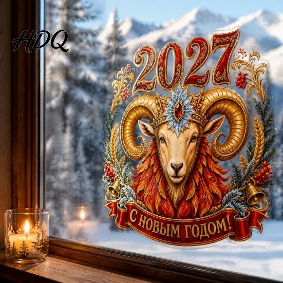 Электростатические наклейки 2027 Год Овцы Наклейка на окно Русская Счастливый Новый Год Статическая наклейка Зодиак Кухня Ванная Комната Настенное искусство Коза Стекло