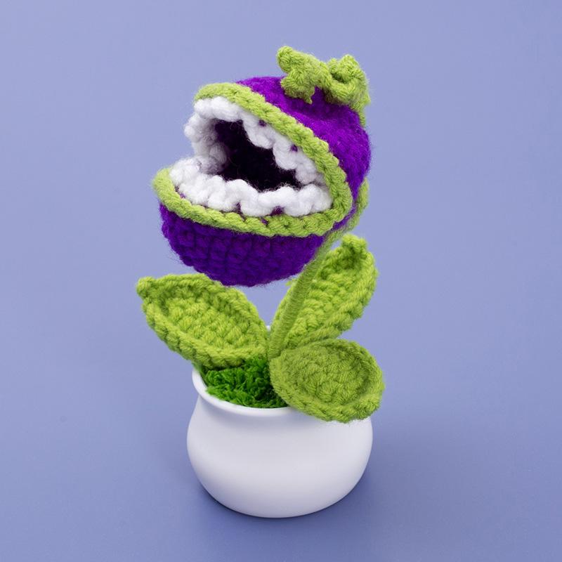 1PC Hand-Knitted Cannibal Flower Potted Crochet Ornaments Artificial Bonsai Desktop Decor