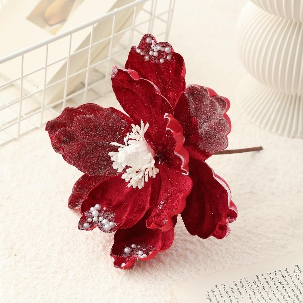 Lifelike Flocked Christmas Magnolia Flowers Sequin Fake Christmas Flowers Wedding Decor