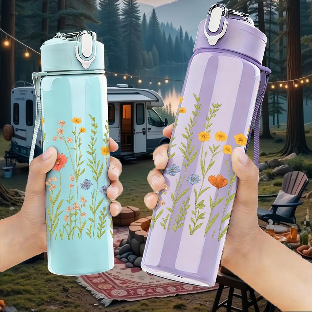 1PC Wild Daisy Meadow Floral Print 750ml Color Plastic Sports Water Bottle Leakproof Flip Straw Lid Suitable for Sports Office Home Use