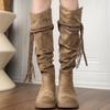 Sheepskin Retro Suede Fringed Boots Women's Knee Knight Boots Slim Wasteland Wind Tall Boots Stacking Boots