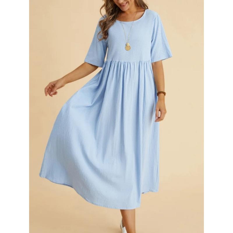 Платье большого размера с круглым вырезом, средней длины, с рукавами-пятиточками