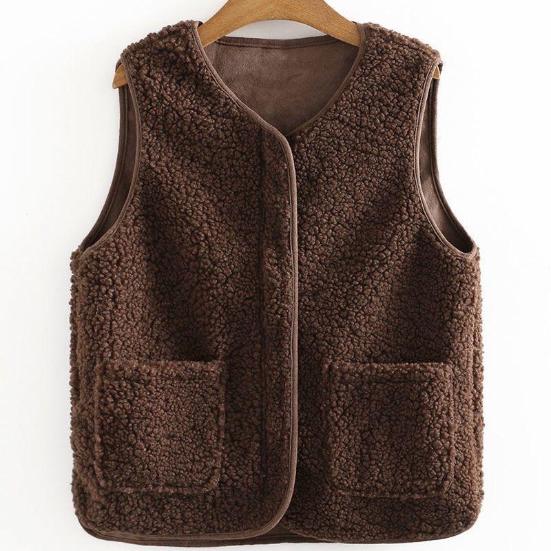 Vests Spring Autumn Women Button Waistcoat Lamb Hair Winter Thermal Warm Thick Fleece Vests Sleeveless Jacket Ladies Coats