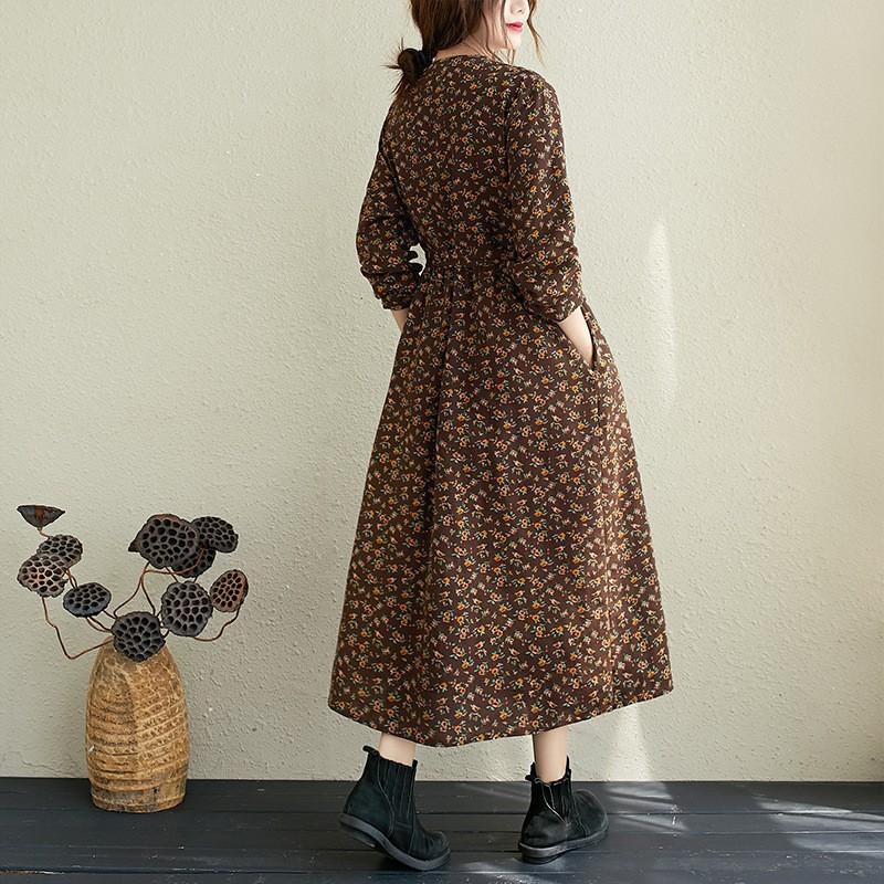 Autumn Temperament Retro Cotton and Linen Floral Plus Size Dress Commuter Literary Loose Mid-length Skirt