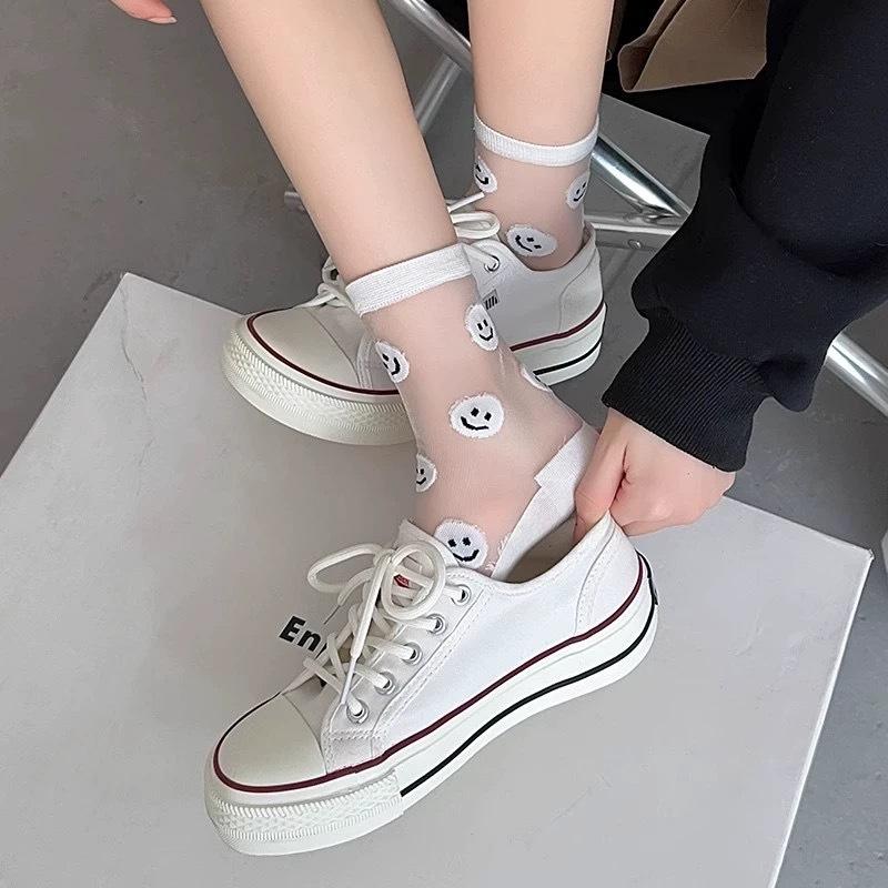 Тонкие прозрачные носки из стекловолокна для весны и лета, женские носки до середины икры, улыбающиеся, милые и дышащие хлопковые носки для студенческих ног