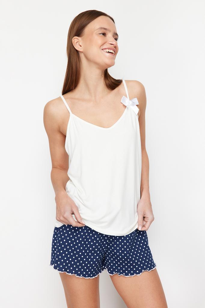 Women's Fashion New Pajama Set Black-Powder Polka Dot Ribbon Detailed Rope Strap Knitted Pajama Set