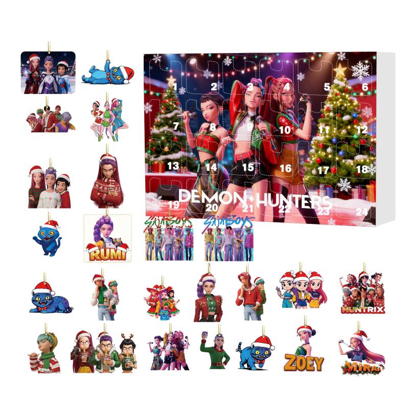 K-pop Охотники на демонов Адвент-календарь Блайнд-бокс с 24 шт. 2D акриловыми подвесками, Декор для рождественской елки, Календарь обратного отсчета до Рождества, Подарок