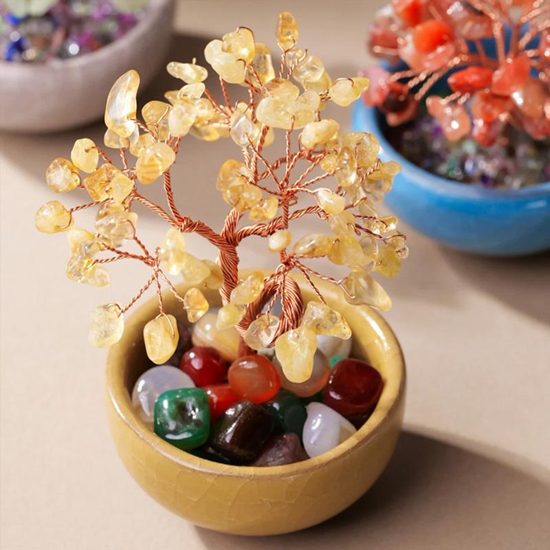 1PC Crystal Colorful Tea Cup Base Fashion Copper Wire Wrapped Natural Feng Shui Trees Home Decor Tabletop Ornaments