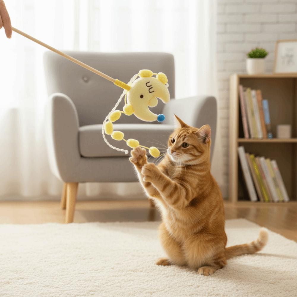 Cartoon Interactive Cat Toy Long Handle Cat Teasing Pole Kitten Teaser Wand Entertaining Toys