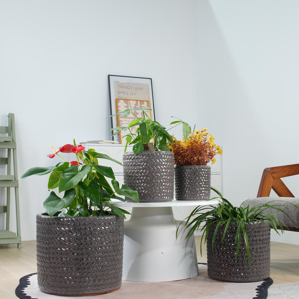 Single Handmade Ceramic Plant Pot diameter 37 cm, Glossy Grey with Herringbone Relief, Breathable, Frost-Resistant