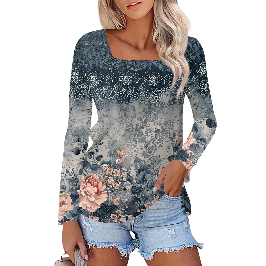 Shirt For Women's Fashion Casual Square Neck Long Sleeve Loose Printed T-Shirt Ladies Top