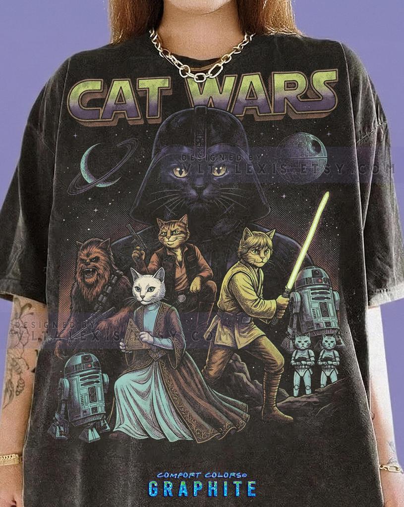 Cat Wars St4R W4Rs Darth Vader Luke Skywalker Comfort Colors® Tshirt, Princess Leia Han Solo Chewbacca R2D2 Space Kitten Movie Parody Tees,