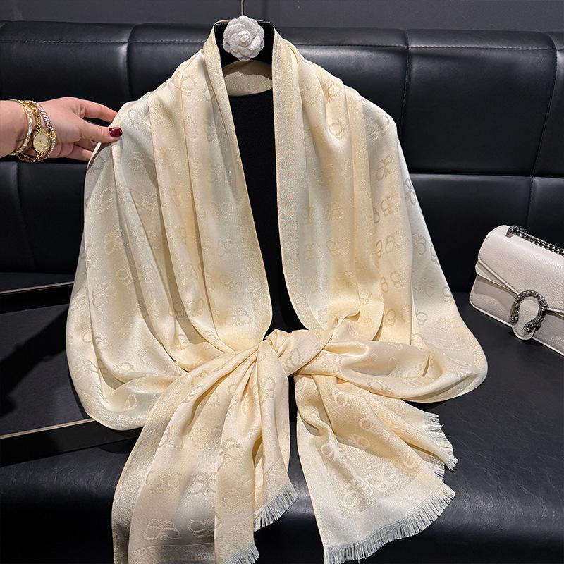 New Imitation Silk Fashionable Elegant High-end Long Silk Scarf Short Beard Shawl Long Scarf Tensile Cotton Gold Silk Scarf