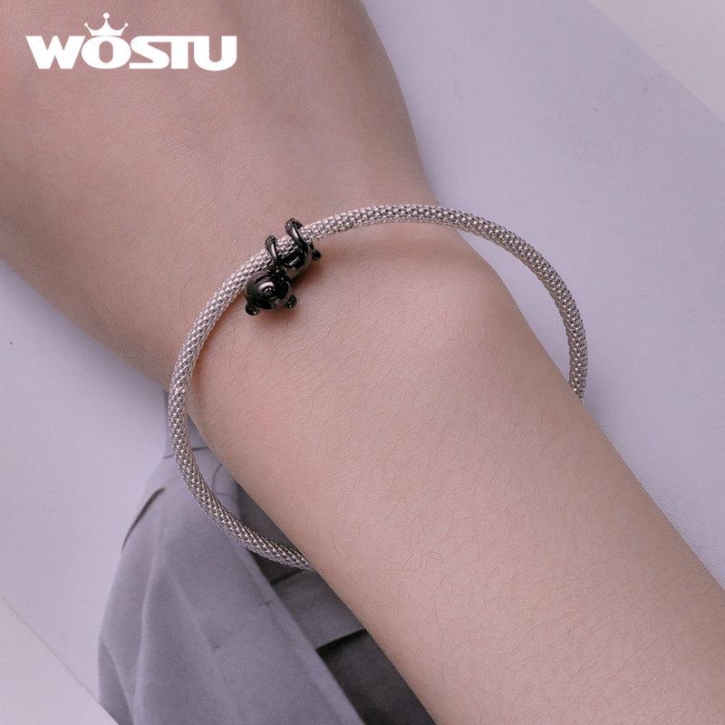 WOSTU 925 Sterling Silver Cute Black Baby Bear Charms Beads Fit Original Bracelet DIY Jewelry