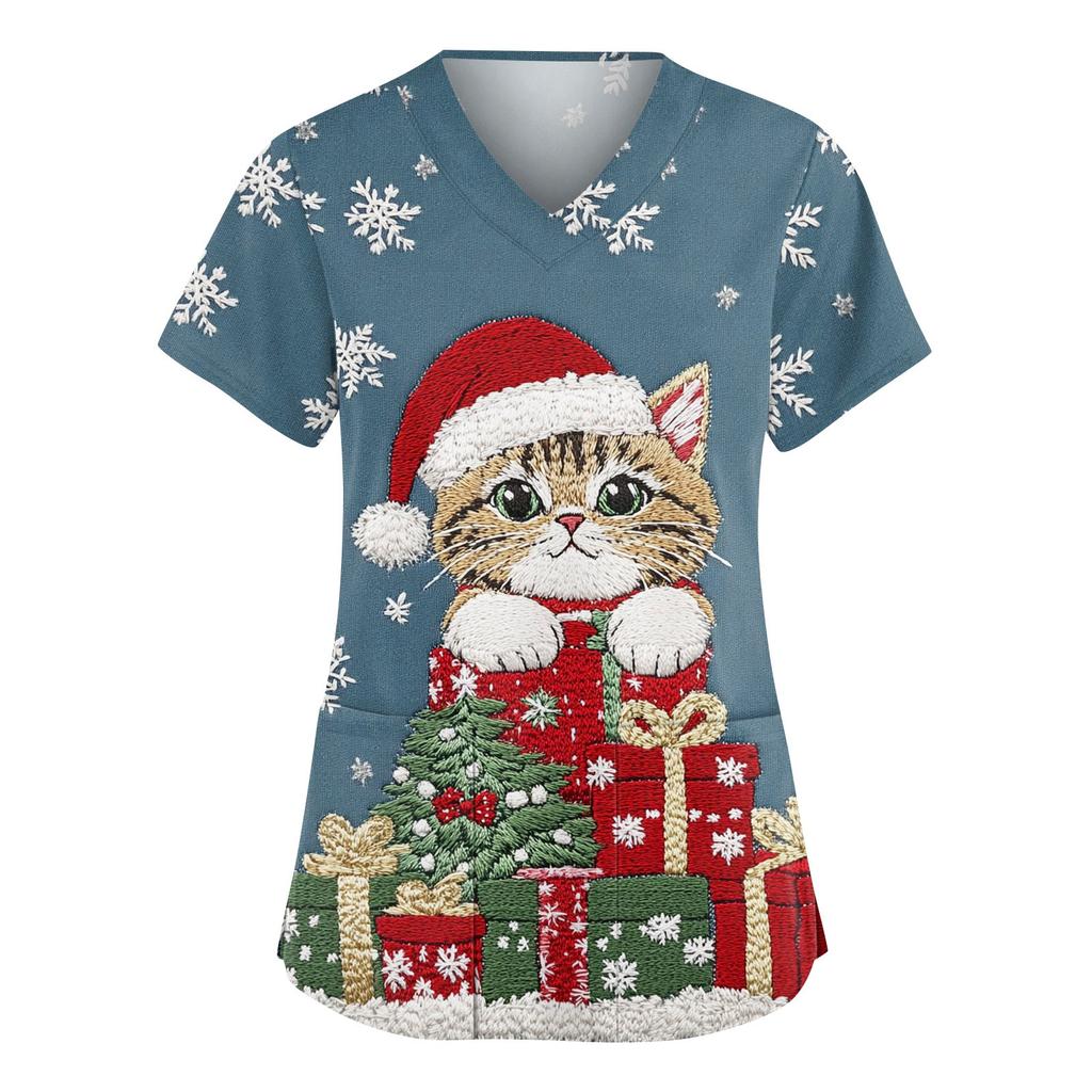 Женский модный рабочий топ с V-образным вырезом, рождественским принтом, короткими рукавами, карманом, боковым разрезом, базовый пуловер