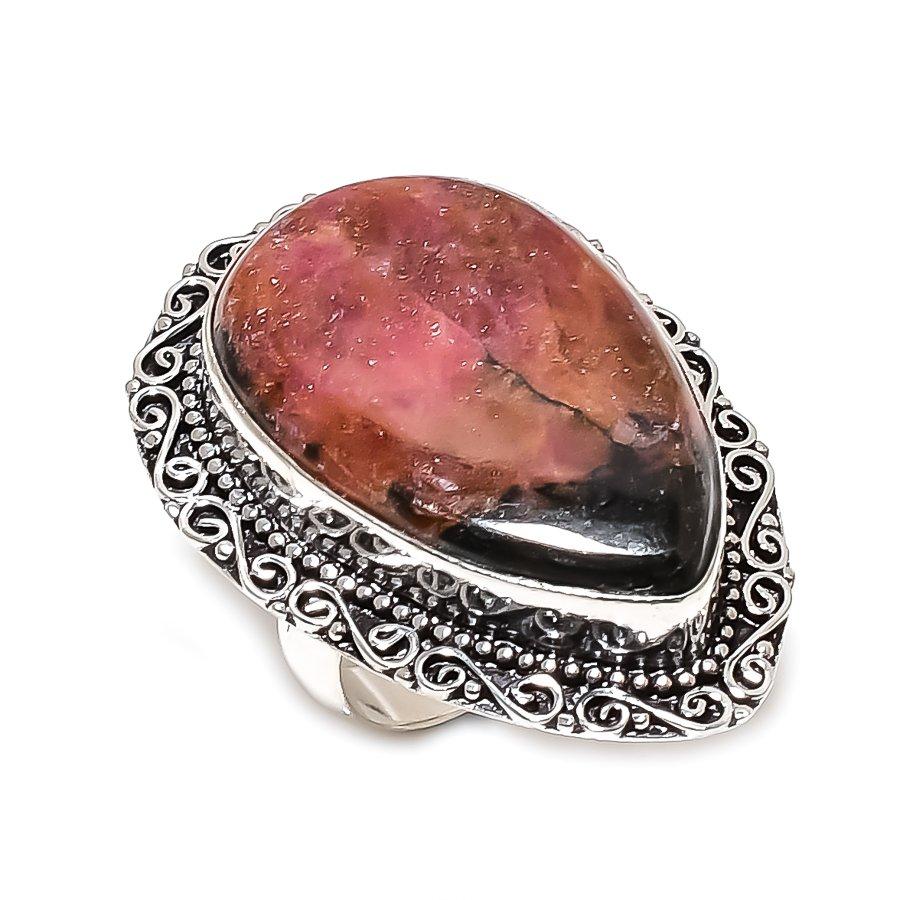 Natural Rhodonite Gemstone Handmade 925 Sterling Silver Jewelry Ring Size 9 R2w62
