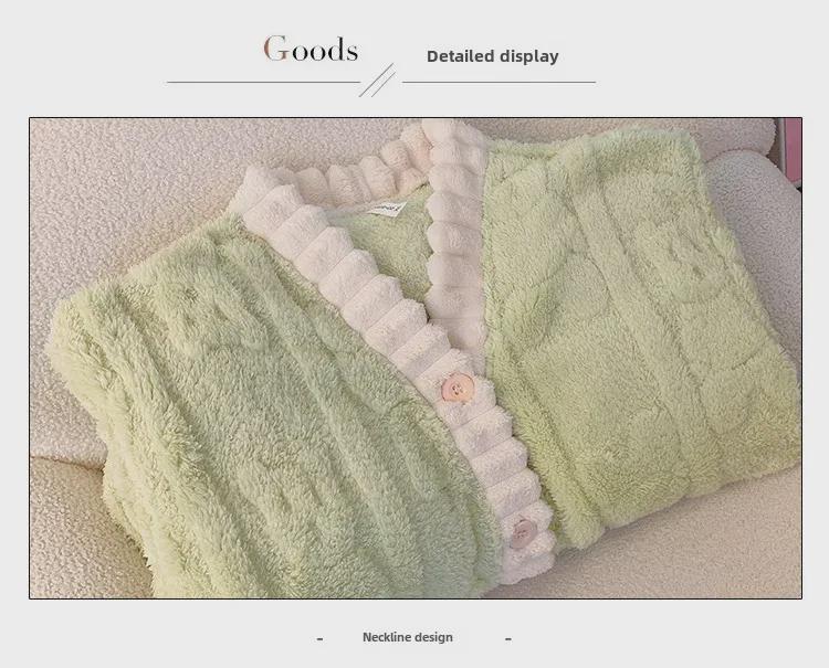 Мягкий кардиган с V-образным вырезом, ночная рубашка, пижама для женщин больших размеров - теплая домашняя одежда из кораллового флиса для осени и зимы