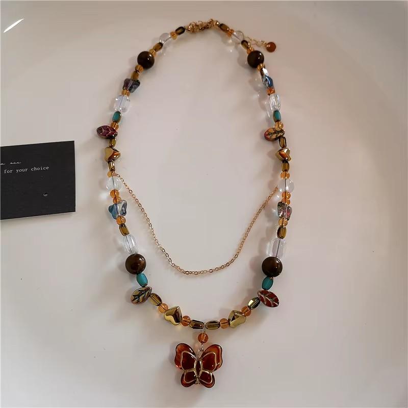 Handmade Colored Beaded Choker Acrylic Butterfly Metal Sun Moon Pendant Necklace Women Vintage Boho Aesthetic Rave Jewelry Gift