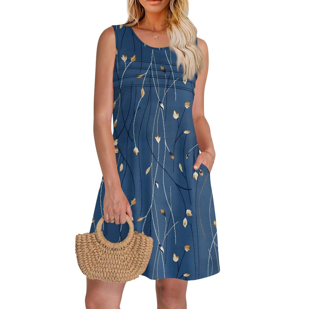 Женские летние платья с круглым вырезом, плиссировкой спереди, без рукавов, карманами, сарафаном, повседневным платьем