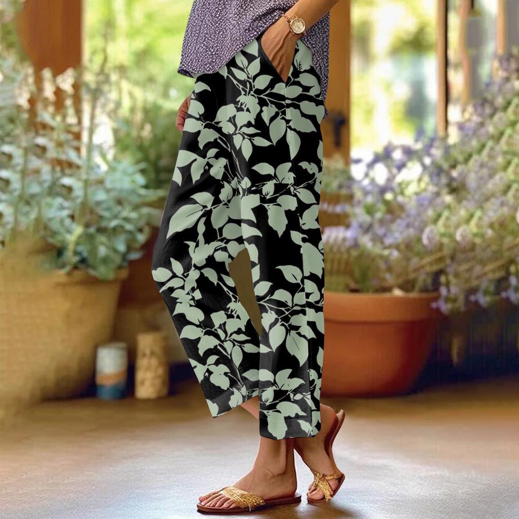 Women's Fashionable Floral Print Straight Leg Pocket Elastic Waist Casual Pants Pants