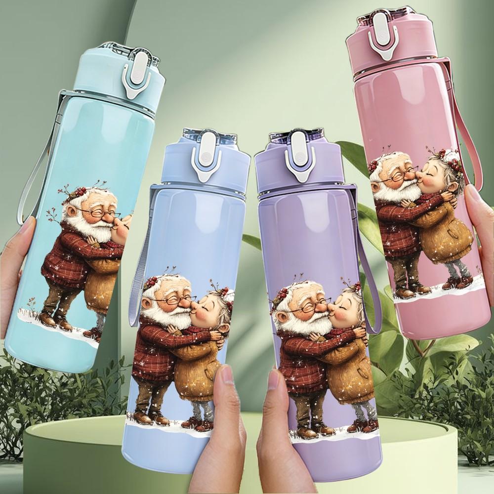 1PC Cute Santa Claus Retro Cartoon Pattern 750ml Color Plastic Sports Water Bottle Leakproof Flip Straw Lid Suitable for Sports Office Home Use