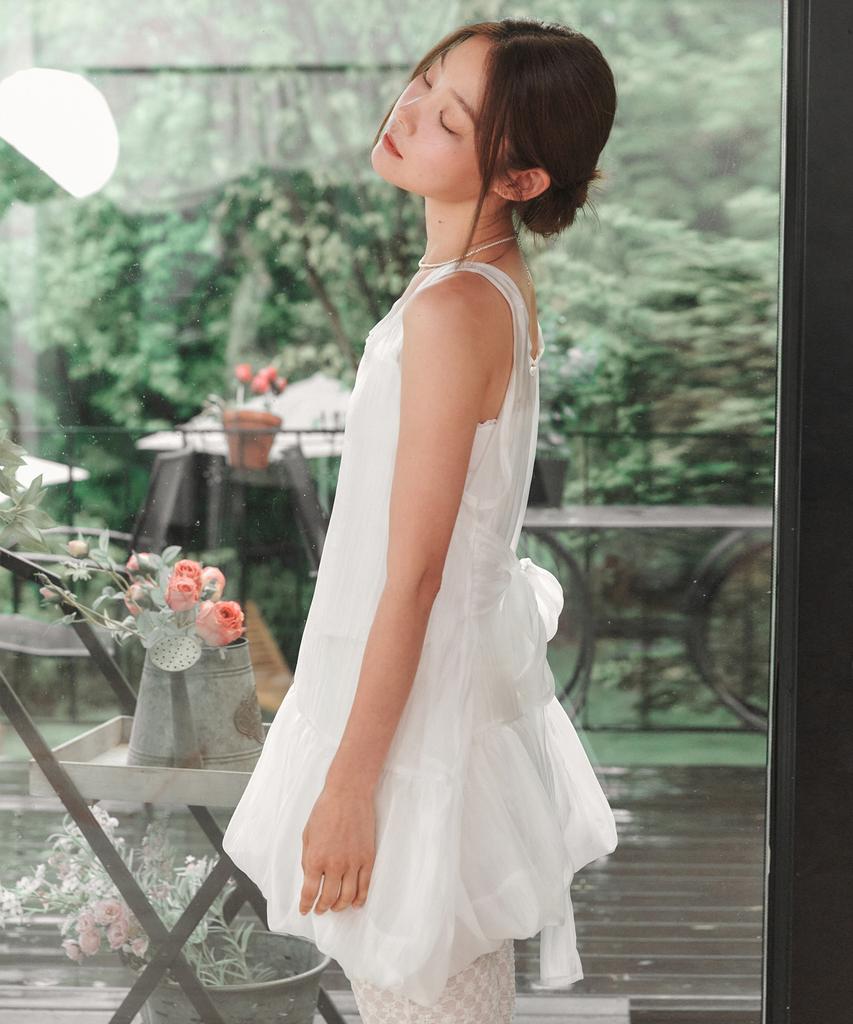 Rosiro Sheer Ribbon Balloon Dress White