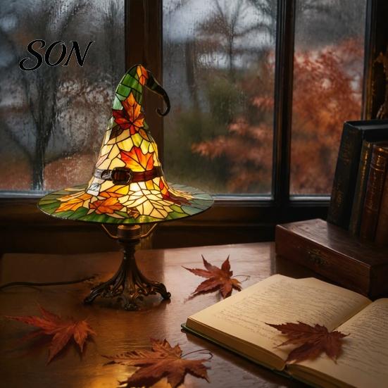 Handcrafted Resin Desk Accessory Retro Witch Hat Lamp, USB Plug-in Night Light, Stained Glass Style Table Unique Halloween Gift for