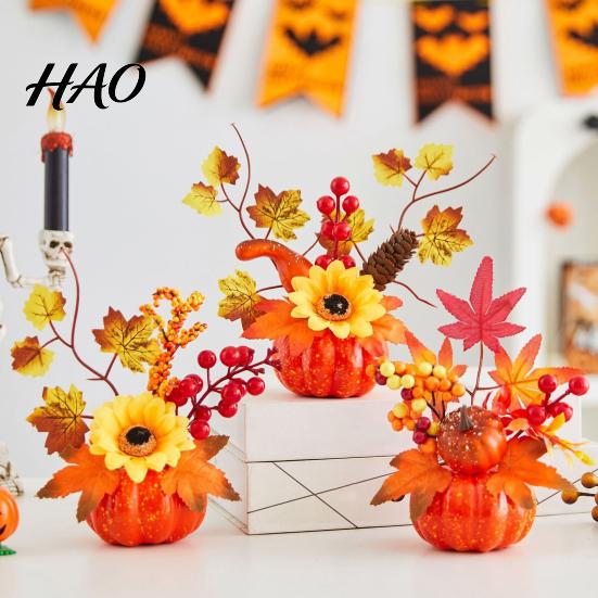 Fall Harvest Table Centerpiece Artificial Pumpkin Centerpiece, Autumn Fake Decoration with Sunflowers, Retro Style Ornament Maple Leaves Berries