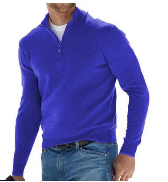 Men's Autumn Long Sleeve V-Neck Wool Polo Shirt with Plush Zipper