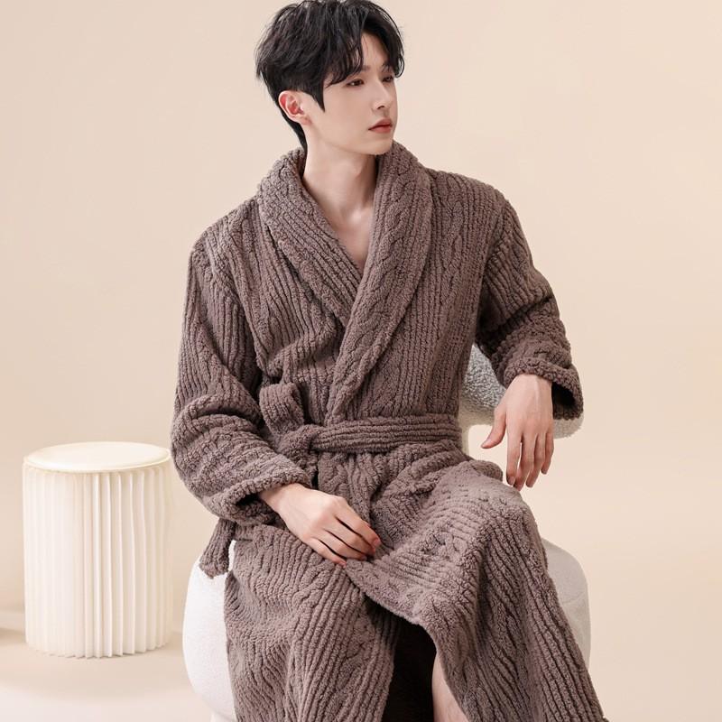 Mens Coral Fleece Bathrobe Winter Warm Long Robe Teens Adults