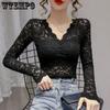 Рубашка с v-образным вырезом и кружевной нижней частью, женская весна и осень, новый сексуальный топ с длинными рукавами и западным вырезом с подкладкой