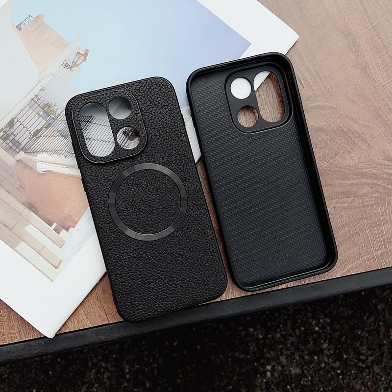 Чехол для OnePlus 15 Магнитный из ПУ кожи с рисунком личи + ПК Противоскользящий Ультратонкий чехол для One Plus 15