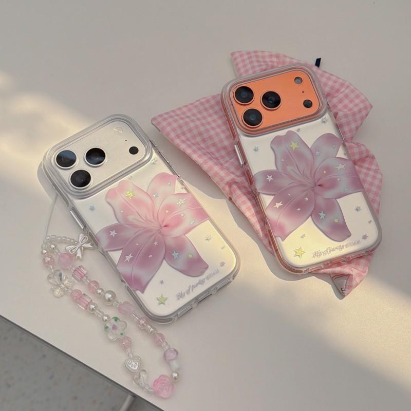 Korean Style Matte Gold Star Lily Phone Case IPhone 17 Pro Max 16 15 14 With Air Cushion Bumper