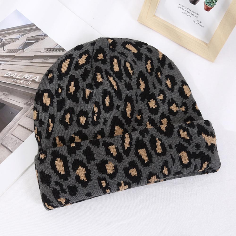 Jacquard Leopard Knitted Cap Soft Beanies Hat Y2K Fashion Thick Warm Hat  Unisex