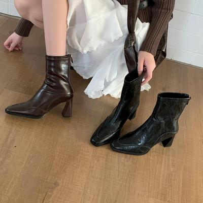 Весна и осень 2025 новые корейские ботильоны на толстом каблуке с квадратным носком, маленькие короткие ботинки в стиле ретро, эластичные тонкие ботинки, женские ботинки на высоком каблуке с задней молнией