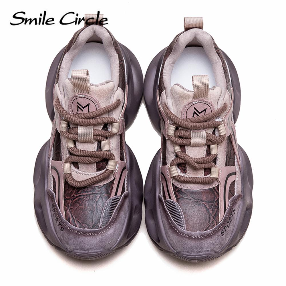 Кроссовки из натуральной кожи с круглым носком и толстой подошвой, удобная модная повседневная обувь