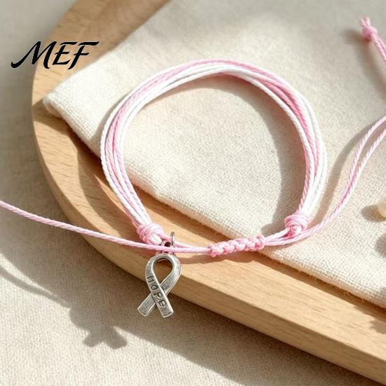 Soft Multi Strand Rope Bracelet Breast Cancer Awareness for Women, Adjustable Woven String with Bracelets Ribbon Charm, Handmade Braided Wristband