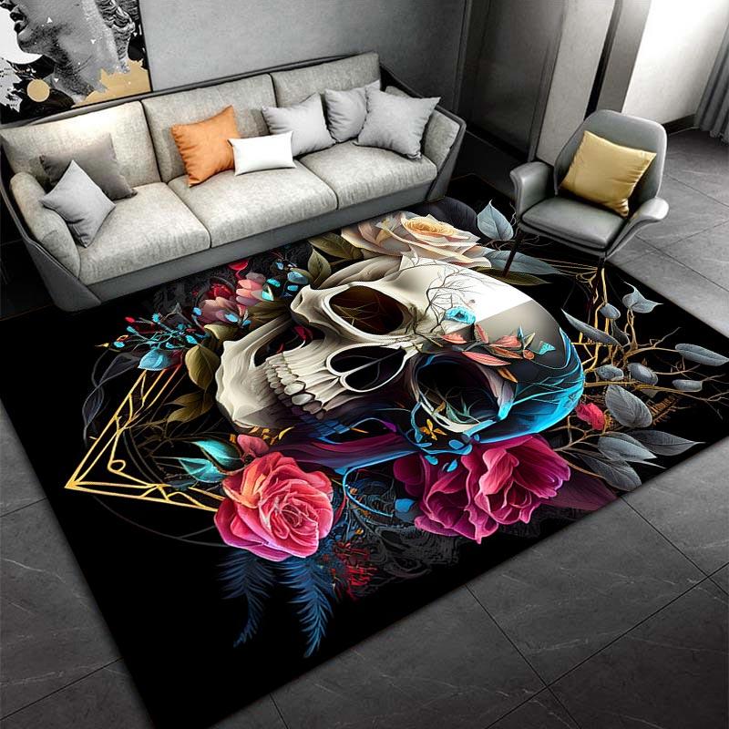 Skull and Floral Design Carpet with Roses and Abstract Elements Suitable for use as an anti-slip for living room bedroom sofas