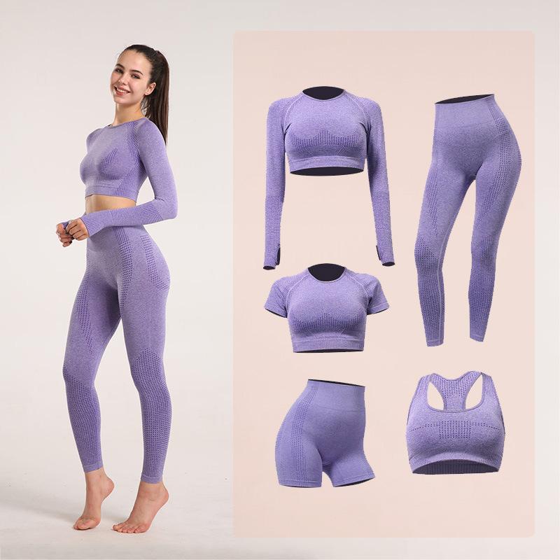 Seamless High Waist Yoga Set Quick Dry Running Scrunch Butt Gym Outfit Women Long Sleeve Sportswear purple 5pcs