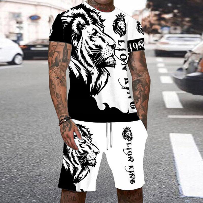 Летний мужской комплект с короткими рукавами и шортами с круглым вырезом, повседневная футболка с принтом тигра в 3D, крутой персонализированный уличный комплект, мужская спортивная одежда