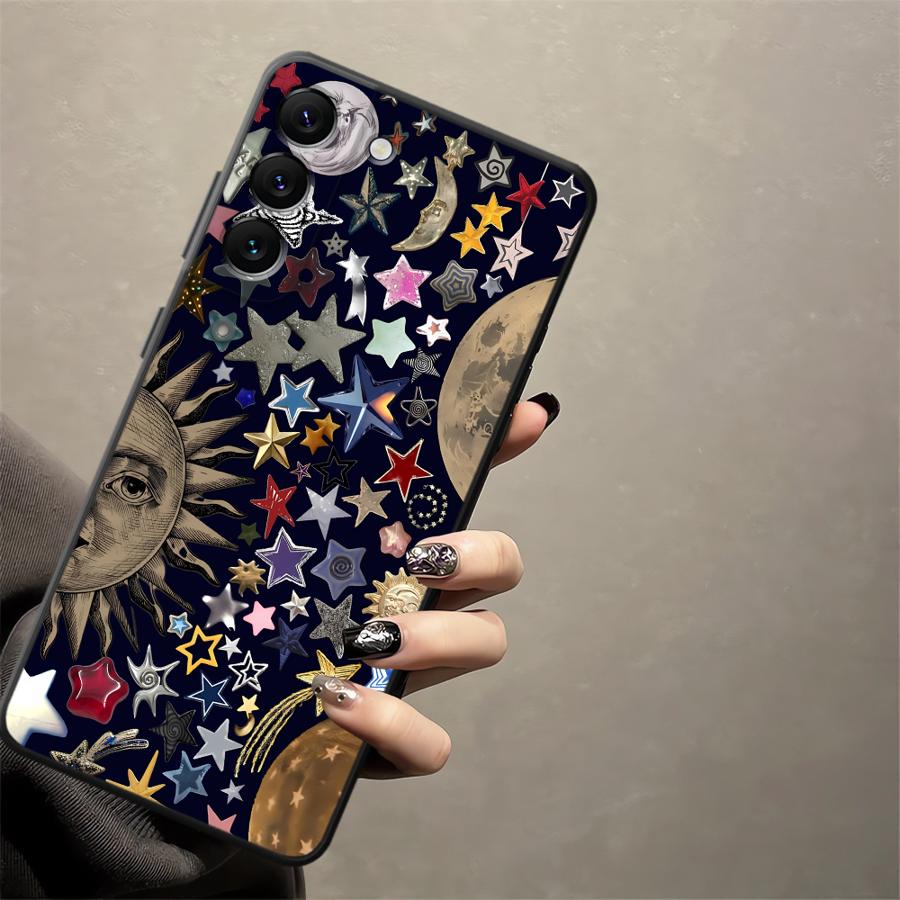 Чехол со звездным и лунным узором для Samsung Galaxy A25 A71 A23 A53 A35 A32 A26 A72 A36 A51 A73 A41 A24 A55 A22 A52 Черный Мягкий Чехол для Телефона